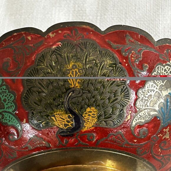 Vintage Solid Brass Bowl Enameled Peacock Colorful Footed Made in India Scallop - Picture 6 of 7